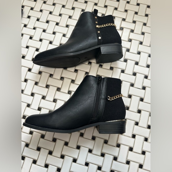 Black Ankle Boots with Gold Chain Detail - Picture 2 of 7